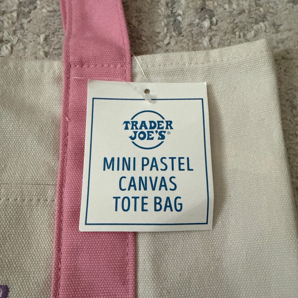 Unisex NWT Trader Joe's Mini Pastel Canvas Tote Bag Beige Pink - Picture 3 of 7
